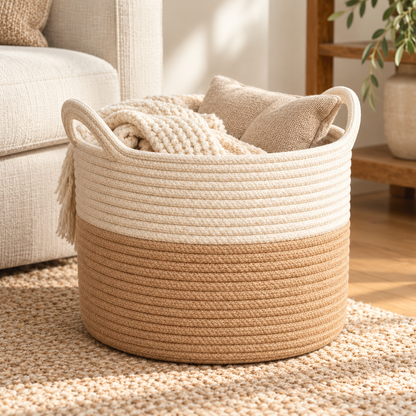 Two-Tone Cotton Rope Basket — everyday setting